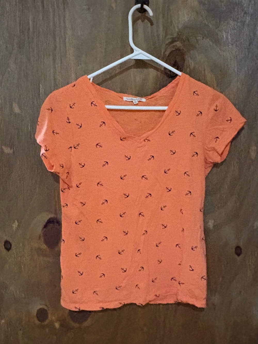 Wishful Park Coral V-Neck Tee with Navy Anchor Print